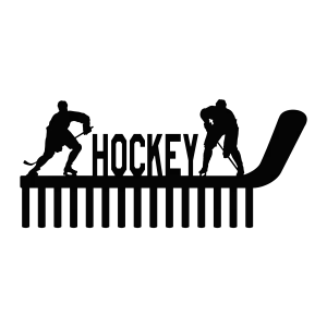 Black steel medal holder with two male hockey players, one waiting for a pass and the other carrying the puck, with 'Hockey' and 15 hooks.